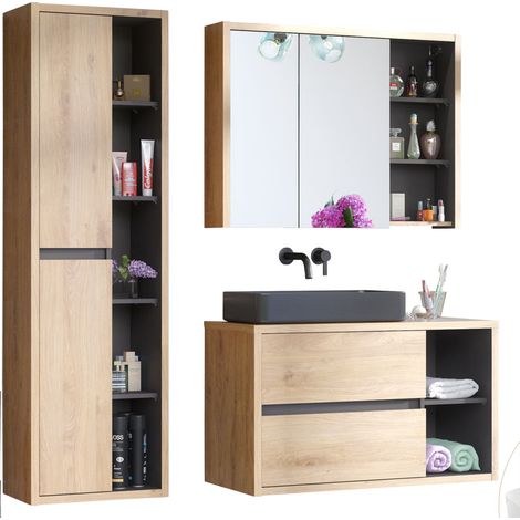Badezimmer Set in Shetland Eiche Nb. mit anthrazit DANZIG-56 inkl. Keramik Aufsatzbecken schwarz matt, B/H/T: ca. 170/200/46 cm (1/5)
