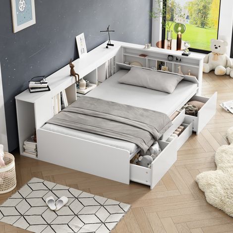 Cama individual infantil 90×200 cm, almacenaje oculto, 4 cajones, cabecero abatible, colchón no incluido, MDF, color blanco (1/5)