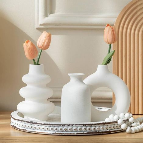 Vase Céramique Blanc - Set de 3, Mat, Design Moderne, Bohème Vases pour Décoration Vase De Table Moderne pour Maison,Fête,Table,Centre De Table De Mariage - Blanc 3 Set (1/5)