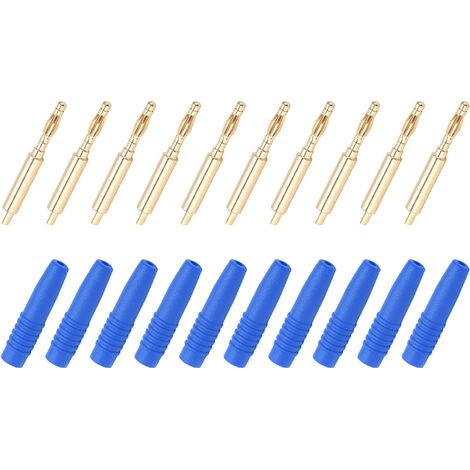 Lot de 10 fiches bananes mâles plaquées or 2 mm, isolées et en métal, avec boîtier pour appareils de test (bleu). (1/5)