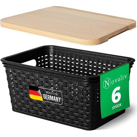 Novaliv lot de 6 boîtes de rangement avec couvercles en bois, petit panier 5L, noir en rotin, panier de rangement alimentaire, boîtes empilables