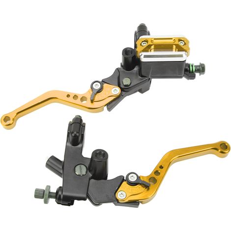 Kit de guidon universel pour moto avec maître-cylindre de frein 7/8 po, réservoir et protège-mains en fibre de carbone dorés (1 paire). (1/5)