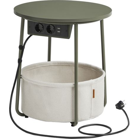 Vasagle – Table basse ronde avec multiprise et ports USB – Dimensions 45 x 50 cm – Panier en tissu polyester – Vert forêt et blanc crème