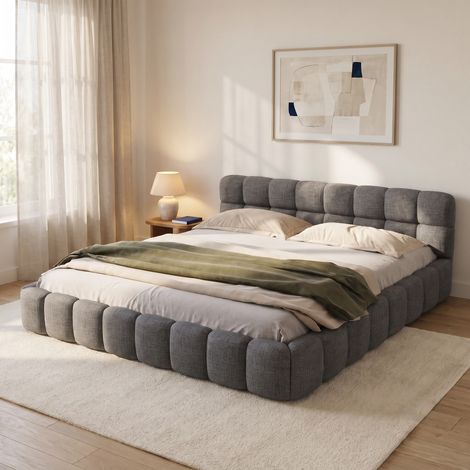 Lit adulte 140x190 cm avec sommier, lit double capitonné en lin, design nuage & cadre de lit bas, style scandinave moderne, Gris