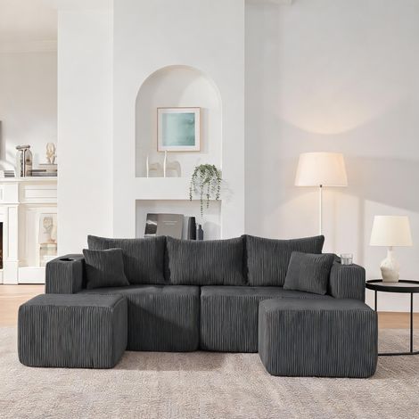 Canapé d'angle gris 3 places en tissu velours côtelé avec poufs (1/5)
