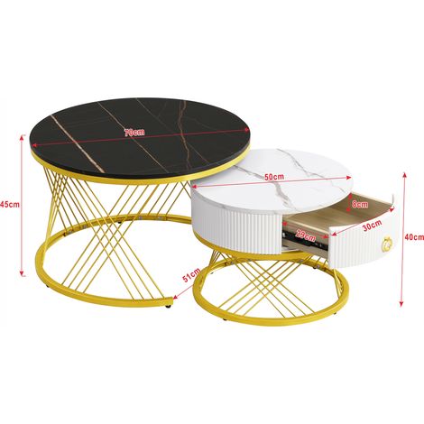 Table basse élégante et modulable : finition marbre, déco dorée, table d'appoint avec tiroirs – lot de 2 (1/5)