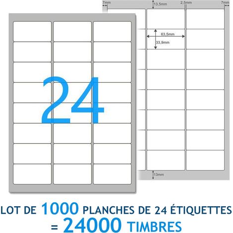 Lot de 1000 Planches A4 de 24 étiquettes multi-usages 6,35 x 3,39 cm - spéciales TIMBRE