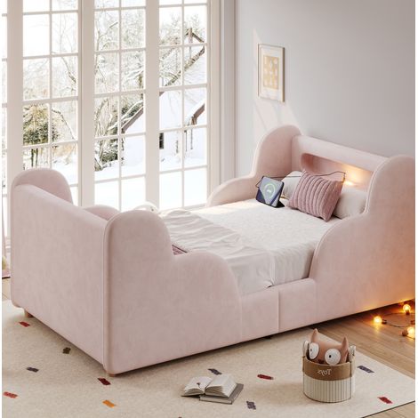 Cama infantil nube de terciopelo rosa 90x200 cm con cabecero USB/Type-C, luz nocturna, barandillas acolchadas y somier de láminas (1/5)