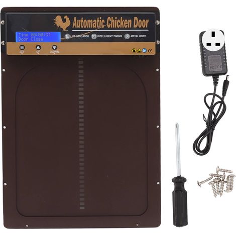 Automatischer, batteriebetriebener Hühnerstalltüröffner – Programmierbarer Timer für Geflügel (Hühner, Enten, Gänse) – 100–240-V-Netzteil mit UK-Stecker, braun (1/5)