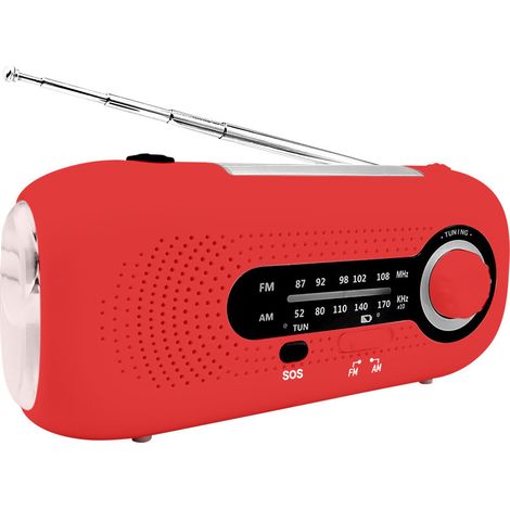 Radio avec cellule solaire de 2000 mAh, générateur manuel avec lampe torche, rouge. (1/3)