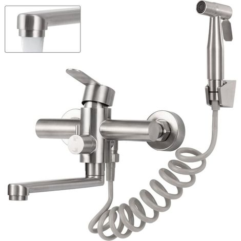 Küchenarmatur, Wandmontage, mit Brause, 360° schwenkbar, 23 cm Schwenkauslauf, Warm- und Kaltwasser, 4 Betriebsarten, Edelstahl 304, verchromt (1/4)