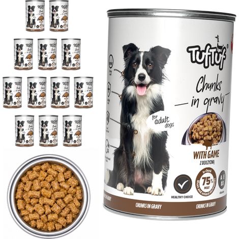 Cibo umido per cani TufTuf al gusto cervo, lattina da 12 x 415 g, bocconcini in salsa. (1/3)