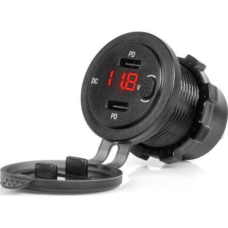 Kfz-Ladegerät mit USB-Anschlüssen und Spannungsprüfer, wasserdicht, mit Schalter, 2x USB-C 12V 24V amio-04226 (1/5)