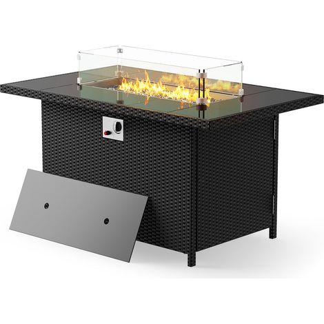 Outdoor Rectangular Rattan Fire Pit Table with Glass Wind Guard for Outside Patio Garden Backyard