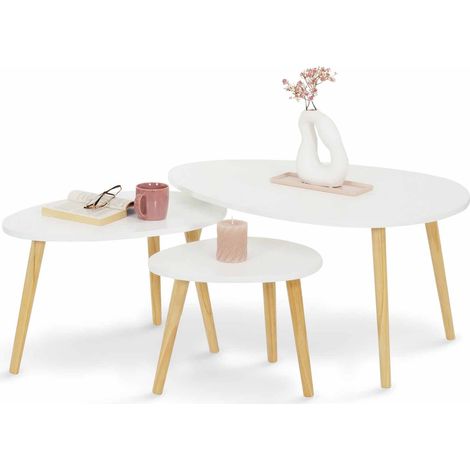 Idmarket – Lot de 3 tables basses gigognes blanches laquées – Design scandinave – MDF et pieds en bois – Dimensions : 80x60x40cm, 60x38x35cm, 40x34x30cm