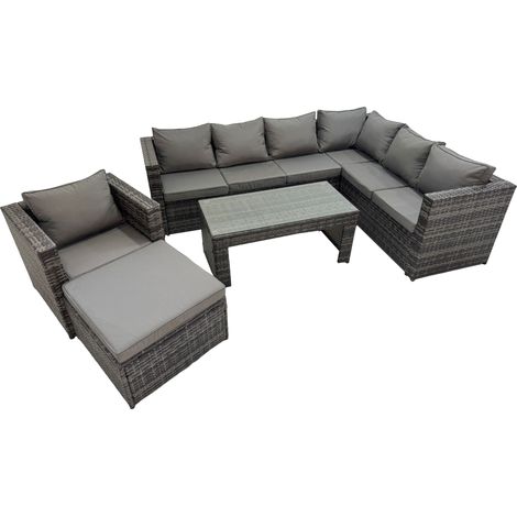 Fimous Outdoor Rattan Oblong Coffee Table Corner Sofa Sets Garden Furniture Set with Chair Big Stool Dark Grey Mixed (1/5)