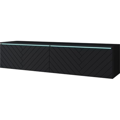 Meuble TV Lowboard D 140 cm, meuble de télévision avec éclairage LED, meuble de télévision suspendu, coloris noir à chevrons (1/4)