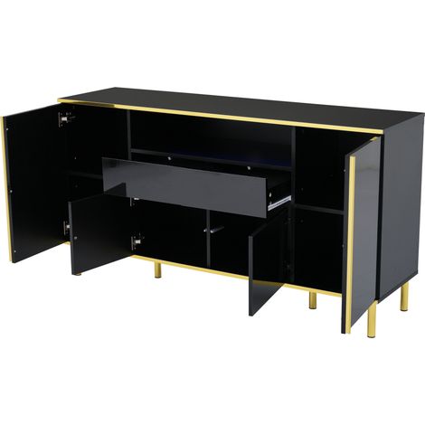 Buffet moderne noir brillant 150 x 40 x 80 cm avec 4 portes, 1 tiroir et LED (1/5)