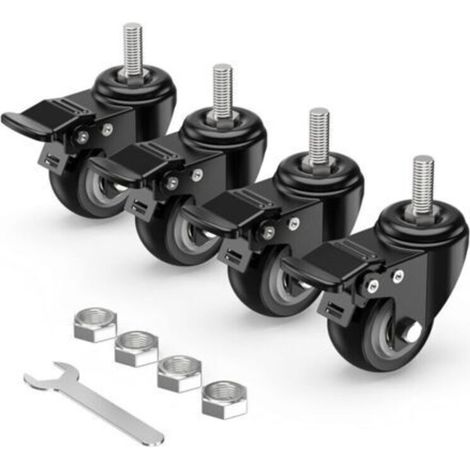 Roulettes Pivotantes M12 50mm 4 Pièces avec Frein, Tige Filetée, Charge Lourde jusqu’à 250kg, Lot de 4 Roulettes