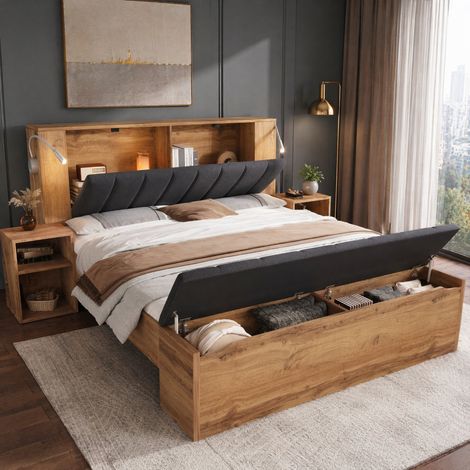 Cama doble 160x200 cm roble en MDF y metal con cabecero abatible, mesitas, banco y lámparas USB (1/5)