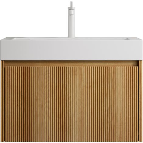 CHICFURN Mobile lavabo sospeso 70 x 46 x 50 cm in resina bianco e legno naturale, 1 cassetto (1/5)