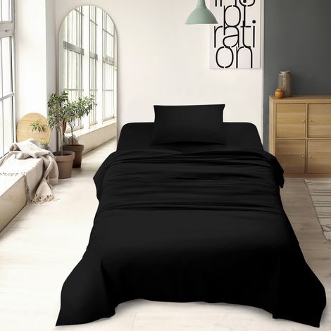 Set Lenzuola 100% Cotone Di Flanella Completo Letto Made In Italy Anti-Pilling Tinta Unita Lenzuolo Sopra Sotto Federe Nero - Piazza e mezza