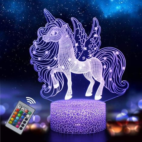 Lampe 3D nuit licorne LC-1169, fond noir, couleurs vives, télécommande 16 teintes, veilleuse tactile avec commande à distance, série arc-en-ciel, éclairage décoratif LED. (1/5)