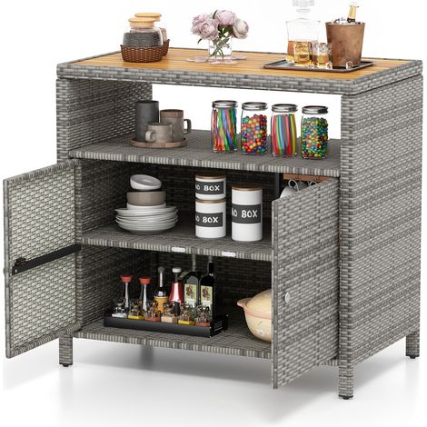 Armoire de rangement en rotin gris avec plateau en bois d'acacia, 2 portes et pieds réglables pour terrasse, piscine et jardin (1/5)
