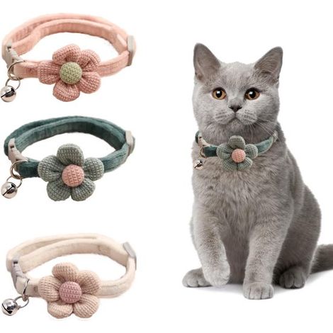 3 teiliges Katzenhalsband Set mit Glöckchen und Blumen verstellbar aus Wildleder niedlich für Welpen oder Katzen rosa, weiß, grün Größe S (19 32 (1/4)