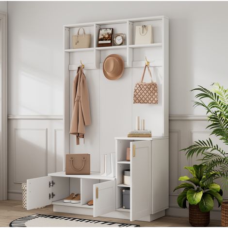 Eingangsmöbel mit Bank und Schuhregal, 3 Haken, weiß OKMYHOME (1/5)