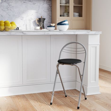 Tabouret de bar pliable pratique avec dossier, adapté intérieur extérieur et divers espaces, pieds argentés, assise noire