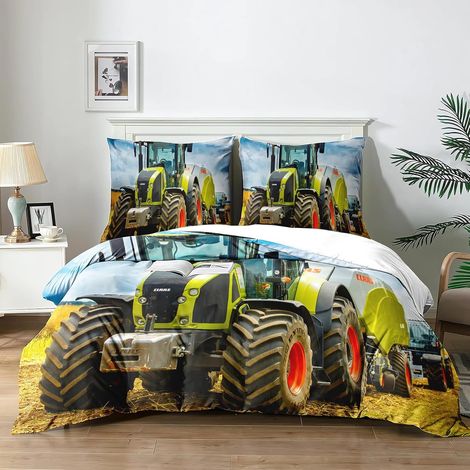 Housse de Couette Tracteur 200x200cm 3 Pièces, Enfant Parure de lit imprimé Ensemble 3D,Parure De Lit Tracteur 1 Personne avec 2 Taies d'oreiller 65x65cm(T2x200) - 200x200 (1/5)