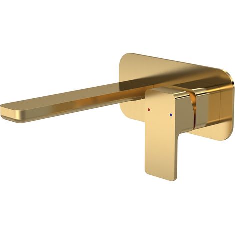 Square Wall Mount 2 Tap Hole Basin Mixer Tap & Back Plate - Brushed Brass
