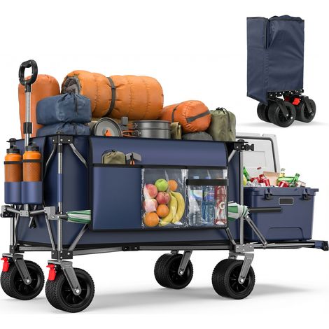 Chariot de transport pliable 140 cm avec hayon extensible, roues tout-terrain 17 x 10 cm, bleu gris, pour jardin, plage, courses et camping - CHICFURN (1/5)