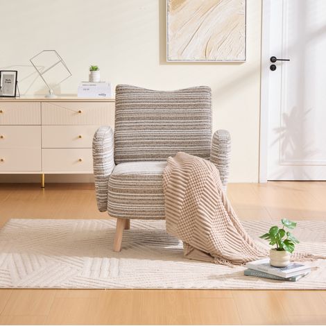 REDOM - Sillón de lectura con bolsillo lateral, respaldo ergonómico, patas de madera, tejido bouclé caqui (1/5)