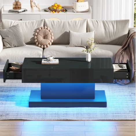 Mesa de centro 100x50x45 cm con 2 cajones, iluminación LED por app, acabado negro brillante (1/5)