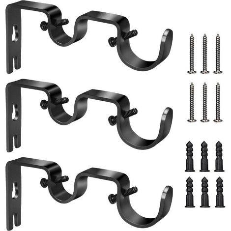 3pcs Black Curtain Rod Double Wall Rod Hook Kit with Screws 12.2cm Adjustable Window Bedroom Decoration (1/3)