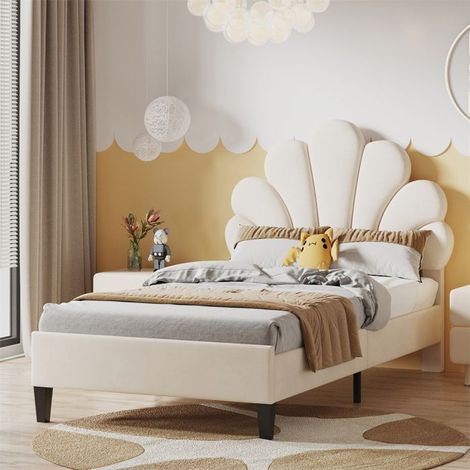 Lit enfant rembourré 90 x 200 cm – tête de lit fleur, velours beige, sommier à lattes inclus