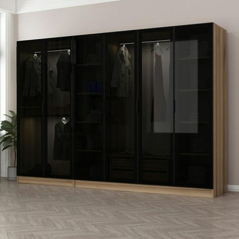 Dressing design 6 portes verre noir & cadre effet noyer BYRON