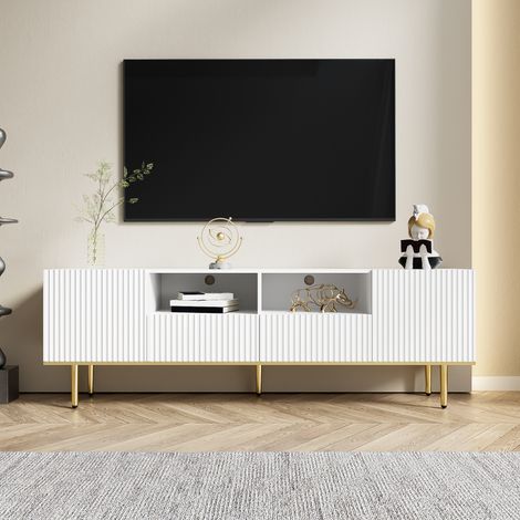 Pour salon moderne, meuble TV 165 x 36 x 55 cm noir et or avec pieds dorés, 2 tiroirs et 2 niches (1/5)