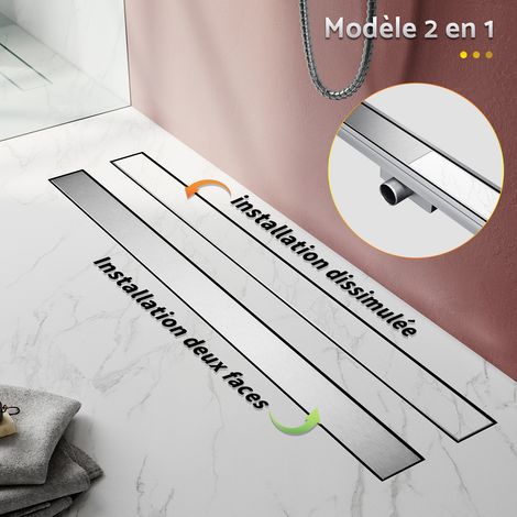 SIRHONA Caniveau Douche Italienne Acier Inoxydable Caniveau de Sol à l'italienne Grille, Ce Modèle 2 en 1 + 360° à Carreler Drain de Douche Extra Plat avec Pare-odeur et Passoire à Cheveux 70 cm (1/5)