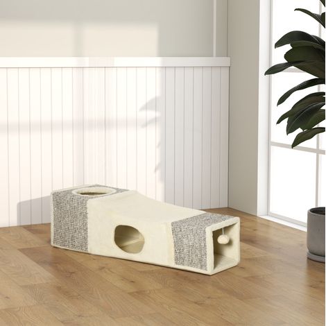 Tunnel pour chats avec balle de jeu et griffoir en sisal 98 x 30 x 30 cm marron et beige OKWISH (1/5)
