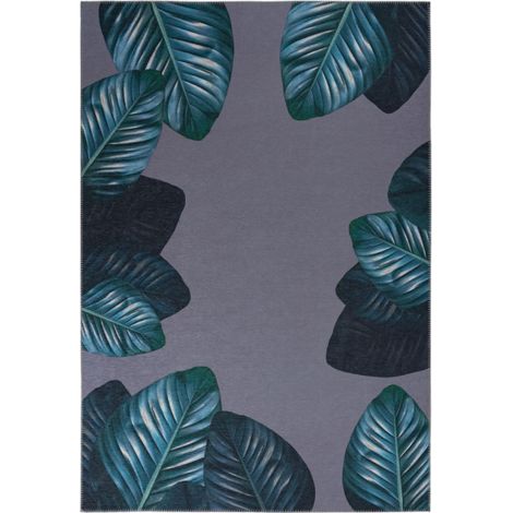 Tapis Imprimé à Poils Courts "Tropical" Noir & Vert 80 x 150 cm (1/4)
