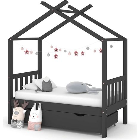 Kinderbett mit Schublade Dunkelgrau Massivholz Kiefer 70x140 cm