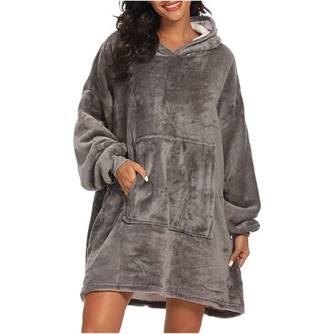 Dicke graue Kapuzenpullover-Decke, kältebeständiges Fleece, Lounge-/Nachtpyjama
