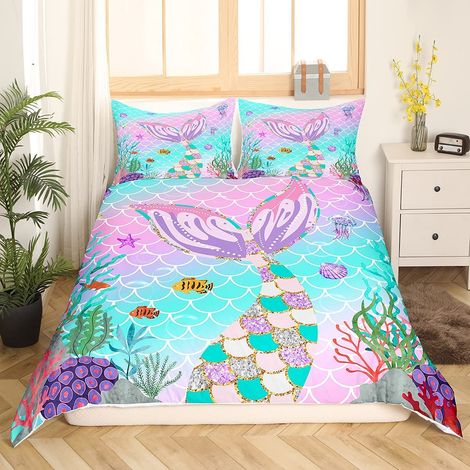 Housse de couette queue de sirène écailles de poisson pour enfant Girly 135 x 200 cm Arc-en-ciel Vie océan Animaux marins Paillettes Rose pastel Décoration de chambre à coucher (1/5)