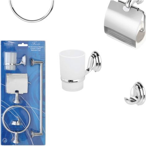 Set accessori bagno a muro 5 pezzi in vetro satinato con supporti cromati Facile (1/10)
