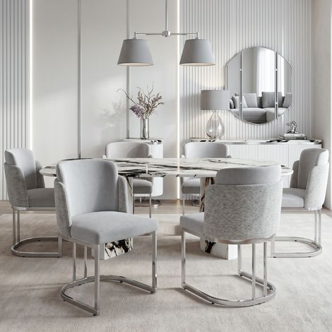 6 sillas de comedor, cómodas y transpirables, adecuadas para restaurantes, salas de estar, cafeterías y otros lugares, estilo moderno, patas de silla galvanizadas en plata, tela chenille, gris claro + (1/5)