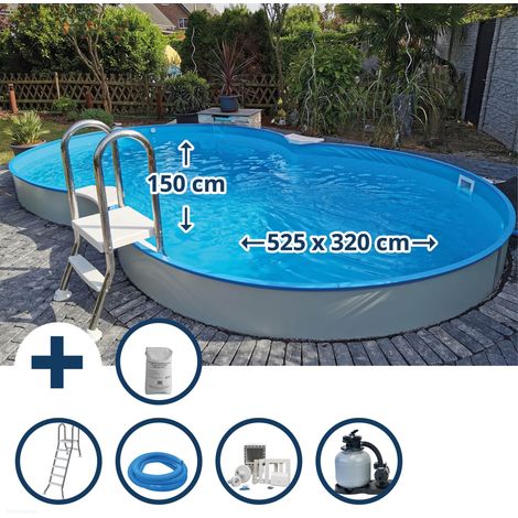 Stahlwandpool Set (9-teil) halbhoch achtform Calypso 525x320x150cm, Stahl 0,8mm weiß Folie 0,6mm bl. (1/5)