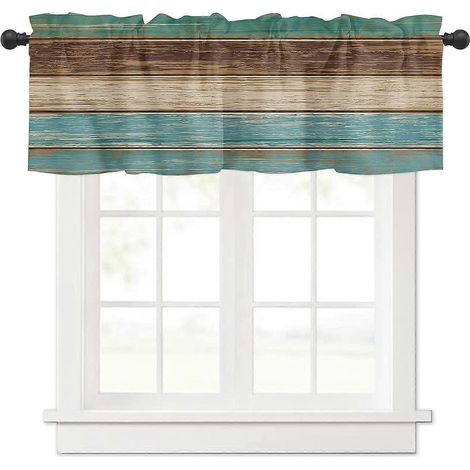 Cantonnière turquoise pour fenêtres/salon/cuisine/salle de bain/style campagnard, rideau court rustique en bois vert-brun à œillets pour tringle. (1/5)
